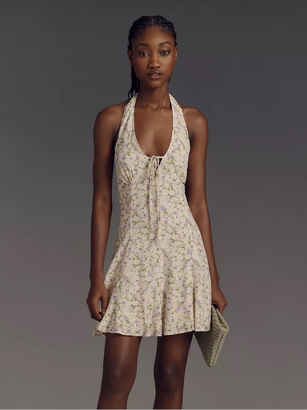 Maeve by Anthropologie Cream Halter Mini Dress with Lavender Floral 100% Viscose